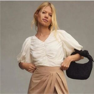Anthropology Pilcro White Ruched Puff Sleeve Blouse